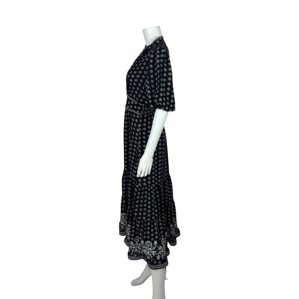 Max Studio London Floral Dress Medium Black White Printed Puff Sleeves Tiered Mi - Picture 8 of 13
